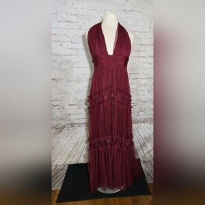 LUXXEL Womens Dress Sz L backless halter tulle lace burgundy maxi dress gown